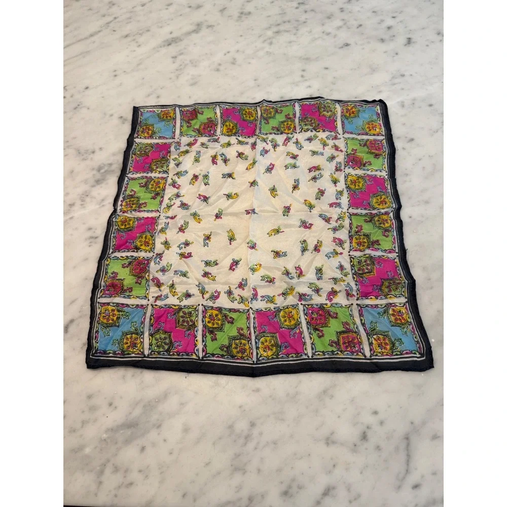 Vintage Paisley Geometric Silk Scarf Pocket Square Multicolor Retro Boho 17x16